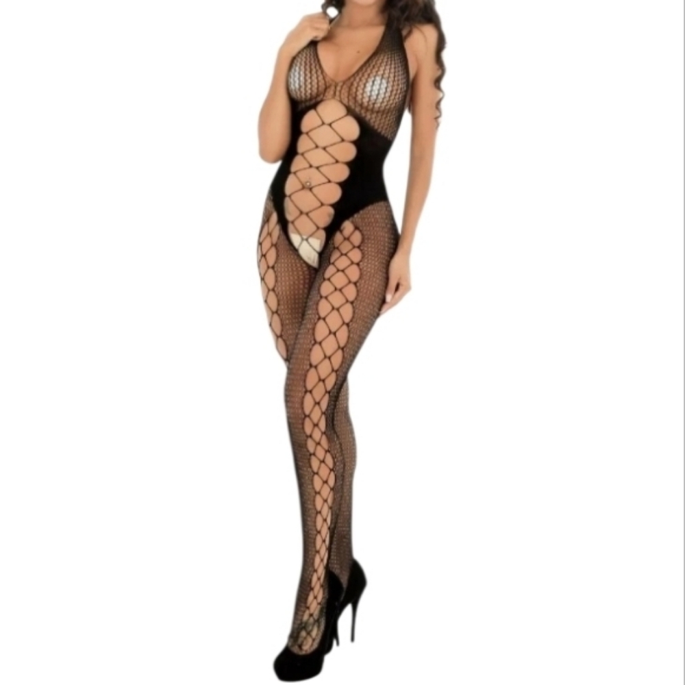 Black Fishnet Halter Bodysuit One Size